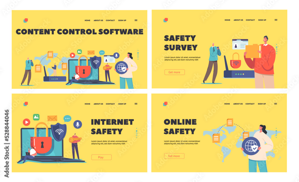 Poster internet safety, content control software landing page template set. computer security, protection, 