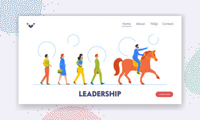 Leadership Landing Page Template. Businessman Riding Horse Leading Group of Colleagues. Successful Leader Character