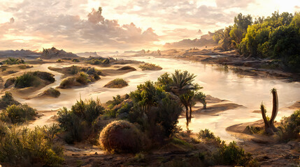Artistic concept of painting a beautiful landscape of wild desert nature, background illustration, tender and dreamy design.   
