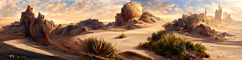 Artistic concept of painting a beautiful landscape of wild desert nature, background illustration, tender and dreamy design. 