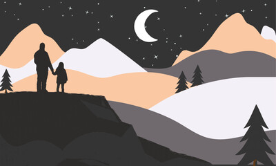 Mountains at night landscape flat vector illustration. Nature scenery with fir trees and hill peaks silhouettes on horizon. Valley and starry sky scene cartoon background.
