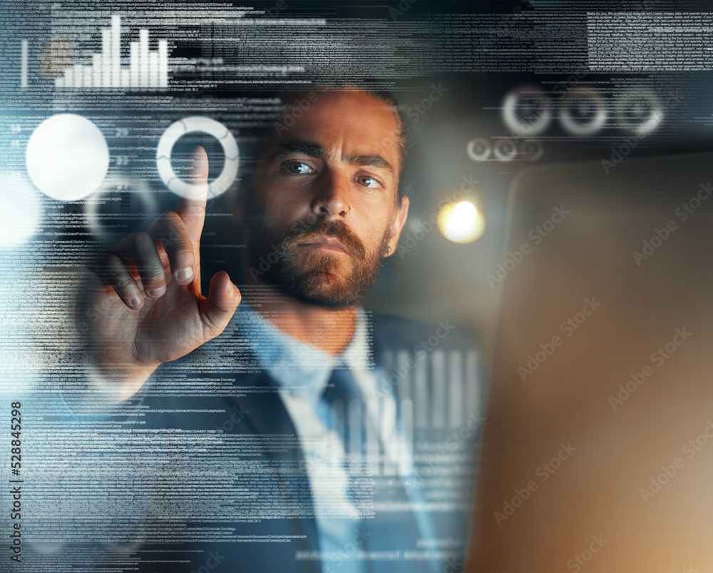 Aufkleber Big data, digital future and crypto metaverse of fintech business man, developer and nft blockchain trader cloud computing at night. Digital transformation, ux software dashboard and cyber technology