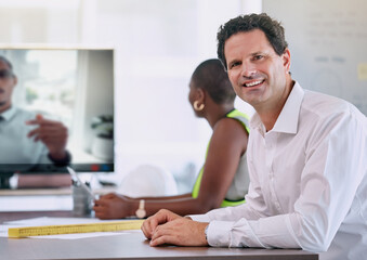 Architect, engineer and man in virtual video call meeting, and office boardroom for online seminar, workshop and business planning. Portrait of mature, happy and smile designer in design team webinar