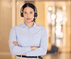 Call agent, woman and portrait of frown with arms crossed and unhappy face expression at job....