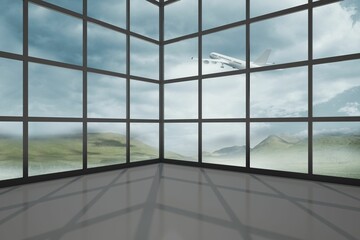 Fototapeta na wymiar Airplane flying past window