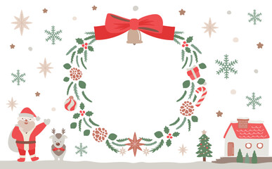 ナチュラルで可愛いクリスマスリースとサンタとトナカイの冬の街フレーム_クリスマスカラー_文字なし