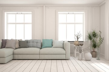 White living room with sofa. Scandinavian interior design. 3D illustration