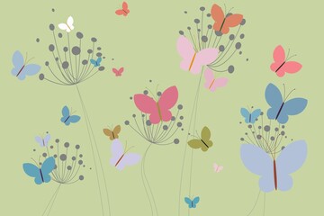 Fototapeta premium Colourful butterflies and dandelions