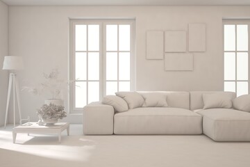 Mock up of minimalist living room in white color with sofa. Scandinavian interior design. 3D illustration