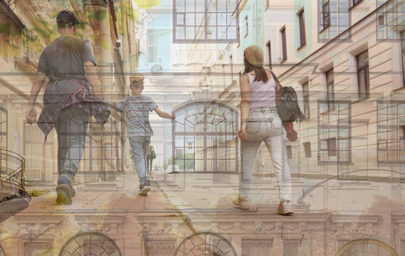 Multiple Exposure Photo Of Walking Family In City