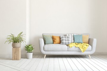 Stylish room in white color with sofa. Scandinavian interior design. 3D illustration