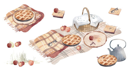 Watercolor hand drawn set with illustration of autumn picnic elements - harvest, apples, wicker basket, apple pie, teapot. Fall collection isolated on white background. Cozy composition on the plaid.