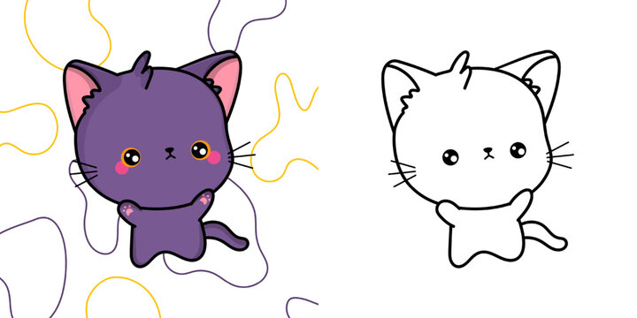 Kitty Clipart for Coloring Page and Multicolored Illustration. Adorable Clip Art Violet Cat. Vector Illustration of a Kawaii Animal for Coloring Pages, Prints for Clothes, Stickers, Baby Shower.
