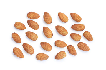 Raw almonds isolated on white,top view.