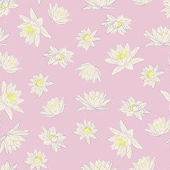 Lotus Waterlily seamless pattern. Background or fashion design for textile, fabric with water lilies for girls. Modern floral print