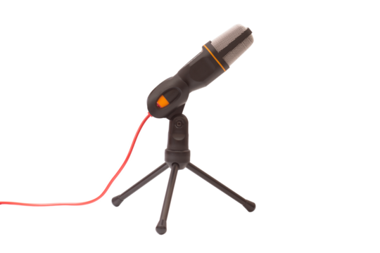 Condenser microphone on a small tripod isolated on transparent background.