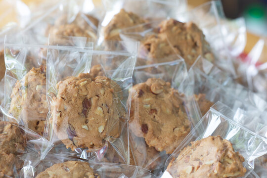 Homemade cookie in plastic bag package with close up shot,food packaging concept.