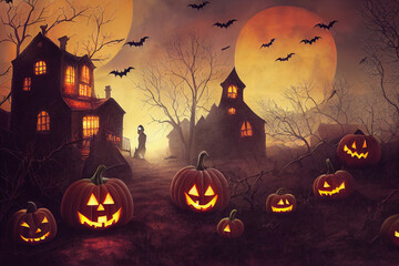 Halloween pumpkin heads in front of haunted house at night, digital illustration - obrazy, fototapety, plakaty