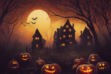 Jack-o-lanterns in front of haunted halloween house with bats and moon on the sky, digital illustration - 528849643
