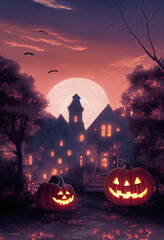 Halloween background of smiling jack-o-lanterns in front of spooky house, digital illustration - 528849644