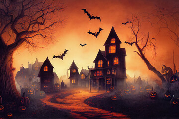 Fototapeta Spooky halloween background of ghost house with bats and jack-o-lanterns, digital illustration obraz