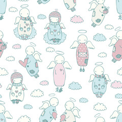 Seamless pattern with doodle angels in the sky with clouds and hearts, cartoon vector illustration