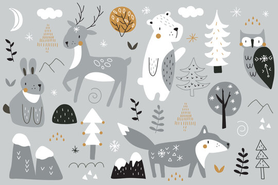 Set of cute forest animals: hare, bear, fox, deer and winter nature elements. Vector illustration for your design