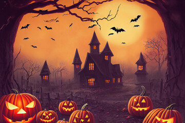 Evil house and creepy pumpkins, halloween background, digital illustration - 528850062