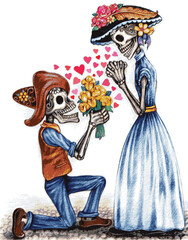 Art couple skull in love day of the dead. Hand drawing and make graphic vector.