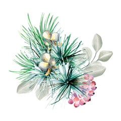 Christmas composition of coniferous branch, needles watercolor illustration isolated on white.