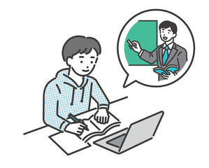 パソコンでリモート授業を受ける男子学生の冬服のベクターイラスト素材／私服／高校生／中学生／冬期講習