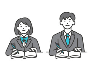 勉強をする冬服の男女の学生のベクターイラスト素材／制服／高校生／中学生／冬期講習