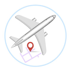 Airplane with location indication, online travel and tourism planning concept, 3d illustration.
