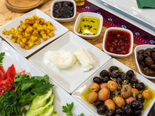 Breakfast table. Traditional Siirt breakfast dishes, top view