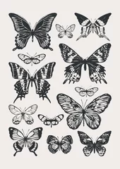 Door stickers Butterflies in Grunge Set of butterflies drawn in black ink. The texture of the brush and paint.