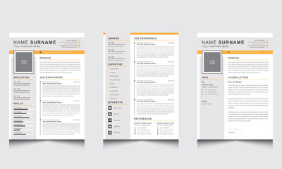 Fototapeta premium Professional Resume CV Template with Yellow Gray Sidebar Resume and Cover Letter Layout Set Kit 