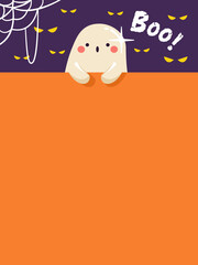 Halloween bald cute ghost peeking on the edge orange board. lovely and spooky cartoon character. Vector illustration flat design.