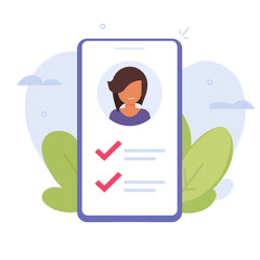 Vote survey online assessment of person user profile on phone vector or customer account verify graphic, experience skills quiz form for candidate or job cv check list review on cellphone illustration - obrazy, fototapety, plakaty
