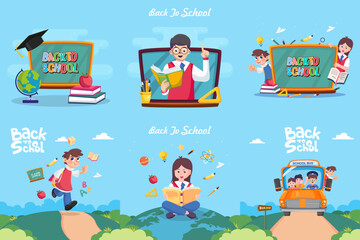 Naklejka premium Modern flat design of back to school illustration concept. Flat Style vector template suitable for Web Landing Page, Background.