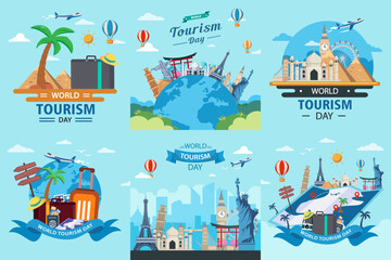 World Tourism Day. The inscription on the globe. Around the monuments of architecture. Flat vector illustration.