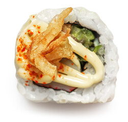 Sushi with rice, avocado and crispy onion isolated on white background.  Top view. Flat lay. Japan...