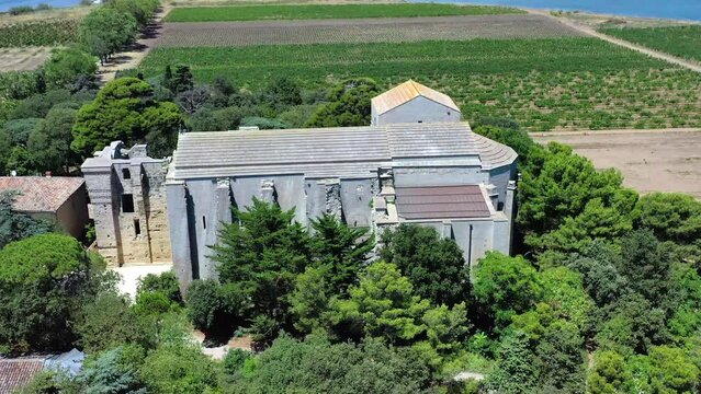 Abbey and Cathedral de Maguelone near Monpellier  - historical monument - France by drone