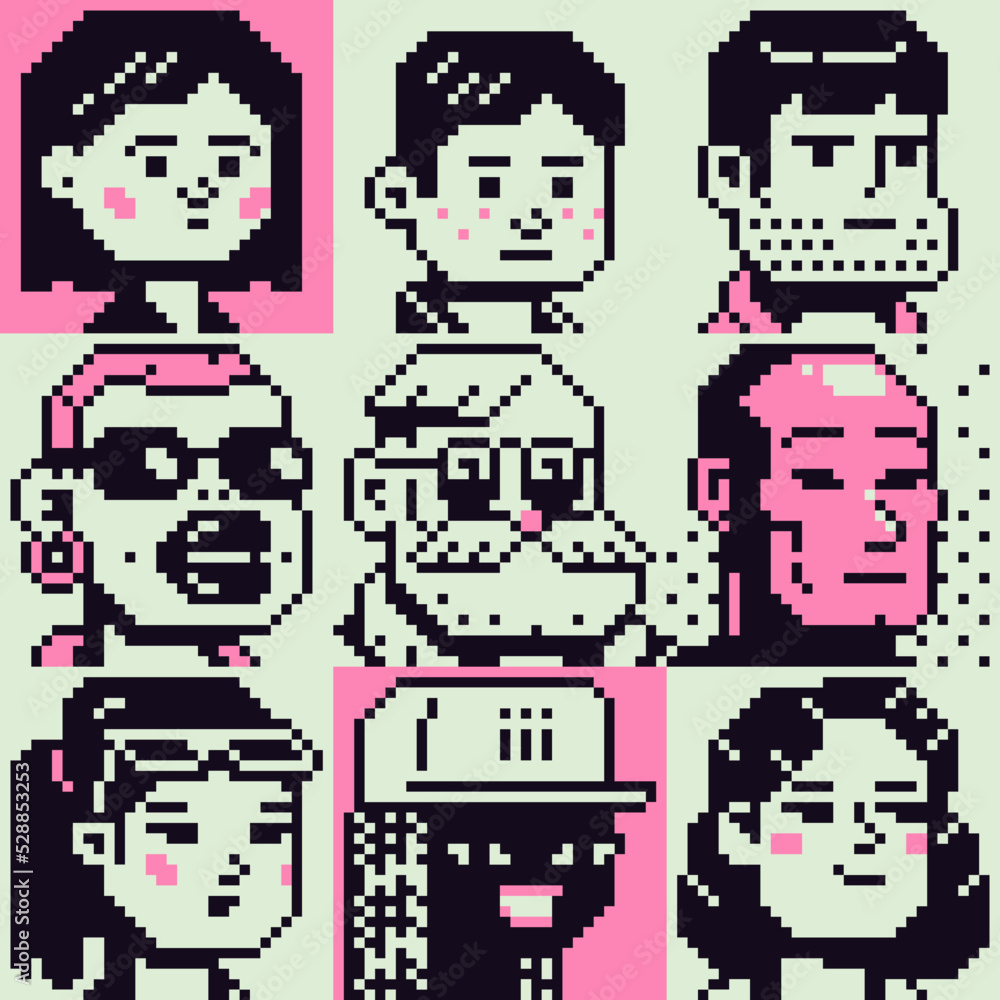 Poster pixel art different avatar profile characters set. 80s video game sprites. various people characters
