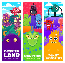 Obraz premium Cartoon monster characters. Vertical backgrounds or vector banners with funny baby bat, alien five eyed octopus and blue zombie, angry devil, cute orange yeti and squid silly monsters personages