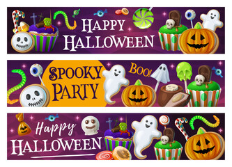 Cartoon Halloween sweets, dessert and cookies. Halloween holiday background or vector banner with creepy cupcake, ghost cookie, worm jelly and skull candy, eyeball lollypop, scary muffin pastry