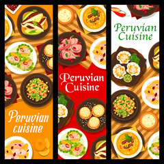Peruvian cuisine restaurant meals banners. Fish ceviche with grapefruit and avocado, beef corn chowder, fish ceviche with red onion and chili, avocado quinoa salad, clam ceviche and cookie Alfajores