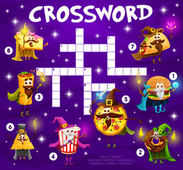 Crossword quiz game grid, Halloween fast food cartoon wizard and mage characters, vector worksheet. Kids crossword with pizza wizard, donut warlock sorcerer and taco as Halloween witch with magic wand