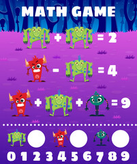 Cartoon monster characters. Math game worksheet. Kids education puzzle, math addition quiz vector worksheet with green beast, furious and angry devil, alien fruit animal alien funny monster personages