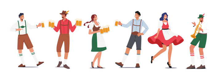 Set Traditional German Oktoberfest. Male and Female Characters Wear Bavarian Costume and Dress Holding Beer Mugs