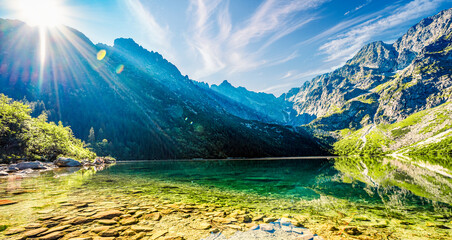 Tatra National Park in Poland. Famous mountains lake Morskie oko or sea eye lake In High Tatras. Five lakes valley © Zedspider